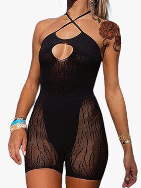 Womens Criss Cross Halter Neck Romper Short Mesh Sheer Jumpsuit Black Small